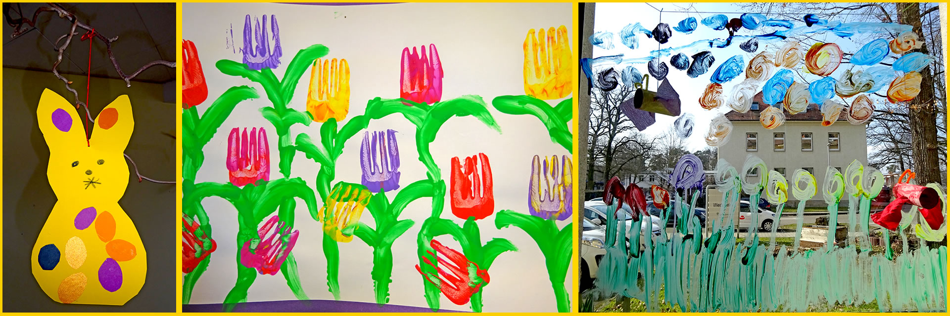 Collage aus Tulpenbildern und einem gebastelten Hasen